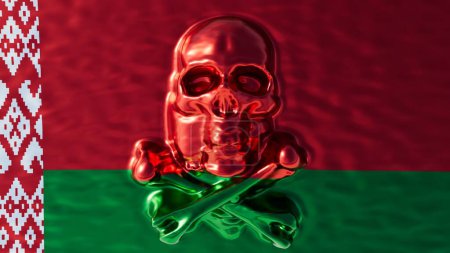 Vivid image showcasing a gleaming red skull against the rich backdrop of Belarus national flag