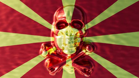 A striking visual of a luminous skull overlaying the vibrant sunburst design of Macedonia national flag