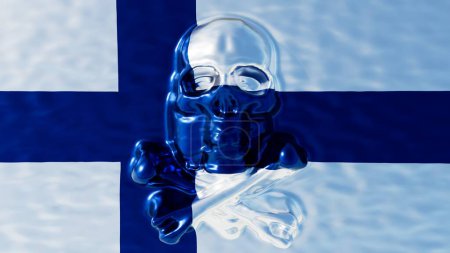 Auffälliges Bild mit einer kristallklaren Totenkopf-Silhouette vor dem ikonischen blau-weißen Kreuz der finnischen Flagge