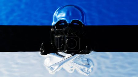 Téléchargez les photos : Rendement artistique d'un crâne noir brillant superposé aux rayures bleu, noir et blanc du drapeau estonien - en image libre de droit