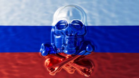 An icy skull forms a compelling contrast against the bold stripes of Russia national flag