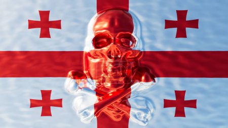 Künstlerische Darstellung eines reflektierenden Totenkopfes gegen Georgien, weiß-rote Flagge mit fetten Kreuzsymbolen, die Geschichte und Stolz symbolisieren
