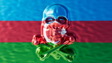 An intriguing artwork featuring a glossy metallic skull superimposed on the Azerbaijani flag's tri-color of blue, red, and green with a crescent and star