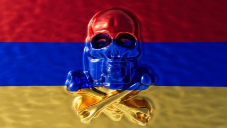 Lebendige Darstellung eines metallisch glänzenden Schädels, der über den satten Farben der armenischen Flagge liegt