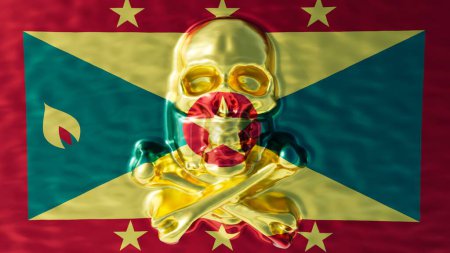 Die Jolly Roger segelt launig über Grenadas symbolträchtige Flagge in einer Verschmelzung, die das historische Gewürz und maritime Erbe der Insel widerspiegelt.