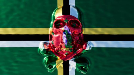 Dominica lush natural beauty and Sisserou Parrot, emblematic of the island, are reflected in a water droplet over the flag.