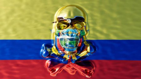 Ecuadors majestic coat of arms comes to life within a vibrant play of water reflections set upon its bold yellow, blue, and red flag.