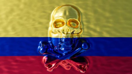 Bandera de Colombias se reimagina como una cascada fluida de amarillo, azul y rojo, con un brillo espectral y contornos dinámicos del agua.