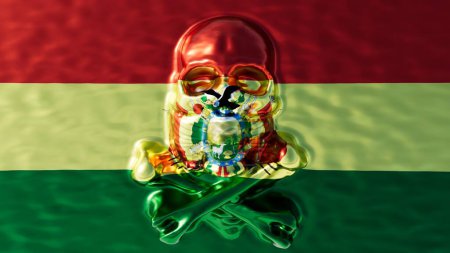 Les armoiries boliviennes rayonnent dans une gouttelette d'eau, placée contre le drapeau tricolore, symbole de l'unité nationale