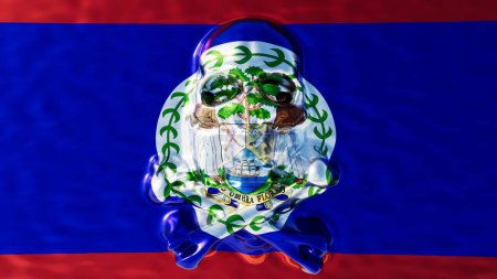 Die Flagge von Belize in satten Farben und Wappen, eingefangen in einem schimmernden Tropfen, symbolisiert Reinheit und Nationalstolz