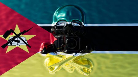 Una imagen impactante con un cráneo brillante superpuesto a la bandera de Mozambique, que simboliza una profunda narrativa cultural con estética moderna