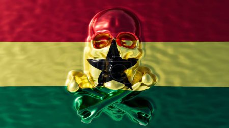 Image numérique saisissante où un crâne réfléchissant fusionne avec le drapeau ghanéen, symbolisant le dynamisme du pays et le riche patrimoine culturel