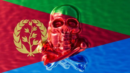 This digital image melds the sheen of a ruby-like skull with the Eritrean flag and its olive branch, symbolizing peace and the nation enduring spirit