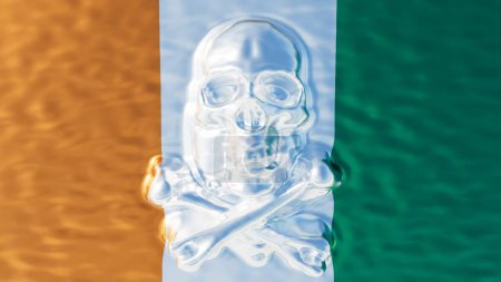 Arte digital transparente del cráneo contra el telón de fondo de la bandera de Costa de Marfil, que encarna la fusión de los valores tradicionales con la modernidad cristalina de hoy