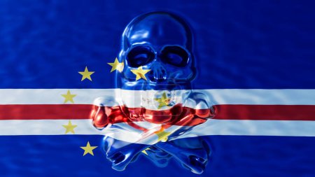 Una imaginativa representación digital con un cráneo transparente envolviendo la bandera de Cabo Verde, simbolizando una inmersión profunda en el alma del país