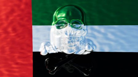 A translucent skull superimposed on the United Arab Emirates flag, emphasizing the symbolic colors of red, green, white, and black