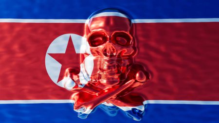 Über dem zentralen weißen Kreis und dem Stern der Flagge der Demokratischen Volksrepublik Korea liegt ein strahlend roter Totenkopf.