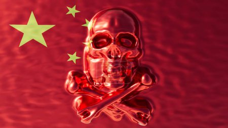 A vibrant ruby skull casts a gaze from the powerful red field under the watchful stars of China national flag