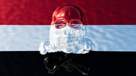 A striking image showcasing a glossy skull overlaid on Yemen flag, blending cultural identity with contemporary artistry