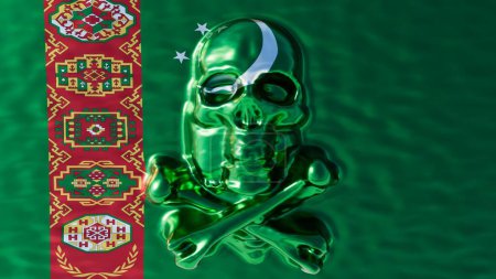 Künstlerische Verschmelzung eines leuchtend grünen metallischen Totenkopfes mit einem komplizierten Flaggenmuster Turkmenistans, das kulturellen Reichtum und moderne Kreativität ausstrahlt.