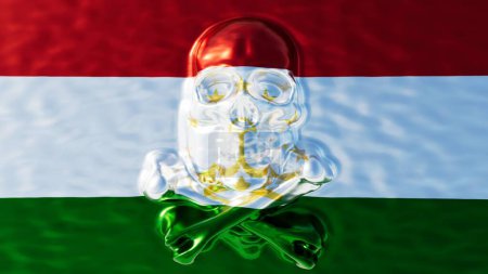Ein digitales Kunstwerk, das einen reflektierenden Chromschädel mit den ikonischen roten, weißen und grünen Streifen und der goldenen Krone der tadschikischen Flagge verschmilzt.