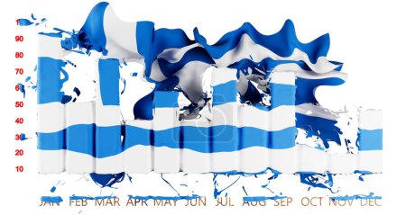 Artistic rendition of the Greek flag waving atop an economic bar chart, juxtaposed with the mysterious allure of a dark background