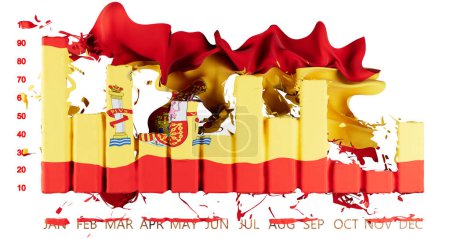 Beschwörendes Bild der spanischen Flagge, die über einem Balkendiagramm schwebt und Wirtschaftsdaten und Wachstum auf schwarzem Hintergrund symbolisiert