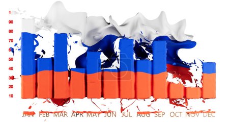 Cette image créative présente le drapeau russe circulant dynamiquement à travers une série de diagrammes à barres, illustrant la performance économique dans une fusion de couleurs patriotiques et de concepts financiers.