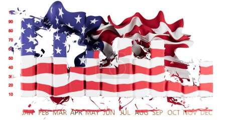 Une ?uvre d'art numérique convaincante du drapeau américain agitant élégamment sur un graphique à barres rouges, blanches et bleues, représentant les fluctuations économiques des États-Unis.