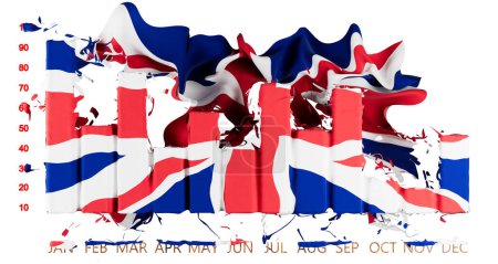 Art numérique frappant avec le drapeau britannique élégamment drapé sur un graphique à barres rouges, blanches et bleues, reflétant les tendances économiques au Royaume-Uni.