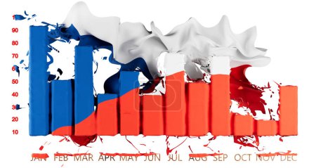 Atractivo visual de la bandera de la República Checa que fluye por encima de un gráfico de barras segmentado, que simboliza los datos económicos de la nación sobre un telón de fondo negro dramático.
