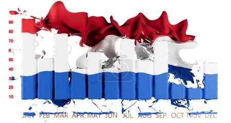 Impresionante representación de la bandera holandesa ondeando sobre un gráfico de barras azul y blanco, que simboliza la fuerza económica de los Países Bajos sobre un fondo oscuro.