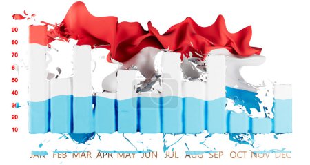 Impresionante visual de la bandera luxemburguesa en cascada sobre un gráfico de barras segmentado, que representa el paisaje económico con un telón de fondo oscuro y dramático.