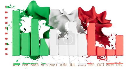 Lebendige Darstellung der italienischen Flagge, die über einem Balkendiagramm wogt und den lebendigen wirtschaftlichen Geist und die kulturelle Identität Italiens vor dunklem Hintergrund beschwört.