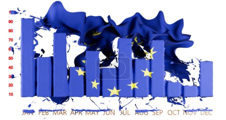Interprétation artistique du drapeau de l'UE mélangé à un graphique à barres, représentant les tendances et les données sur une toile bleu profond.