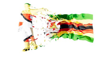 Eine abstrakte Darstellung einer menschlichen Figur, die nahtlos in die grünen, gelben, roten und schwarzen Farben der simbabwischen Flagge übergeht und nationale Identität und künstlerische Kreativität unterstreicht