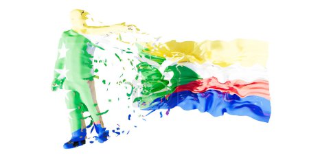 Una obra de arte abstracta vibrante que representa una figura humana que se funde en los colores y el diseño de la bandera de las Comoras. La composición fluida y dinámica resalta la creatividad artística y el orgullo nacional