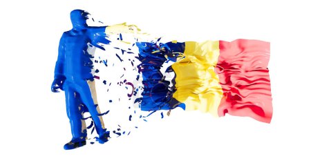 An expressive abstract artwork featuring a human figure merging into the colors and design of the Chad flag. The fluid and vibrant composition highlights artistic creativity and national identity