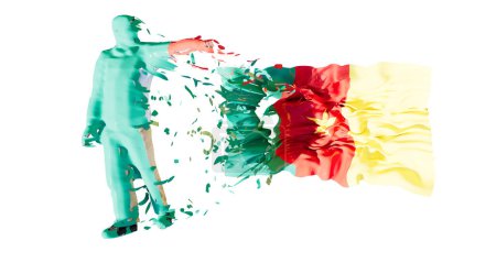 Abstract artwork featuring a human figure merging into the vibrant colors of the Cameroon flag. The image captures the essence of national pride and artistic expression through fluid and dynamic forms