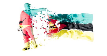 Abstract artwork featuring a human figure merging into the vibrant colors of the Mozambique flag. The image captures the essence of national pride and artistic expression through fluid and dynamic forms