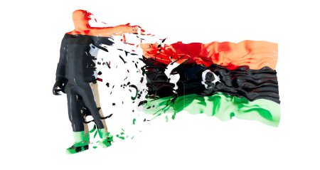 An abstract human figure intertwined with the flowing colors of the Libya flag, creating a vibrant and dynamic representation of national pride and cultural identity.