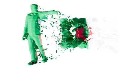 Una cautivadora obra de arte abstracta con una figura humana fusionada en los colores y el diseño de la bandera argelina. La composición dinámica y fluida enfatiza la creatividad artística y la identidad nacional