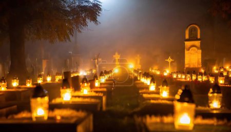 Photo for Cemetery at night with lit candles, light fog - Royalty Free Image