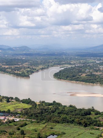 The main river and tributaries with the sandbar along the valley which is the border line between Thailand and Laos, above view with the copy space.