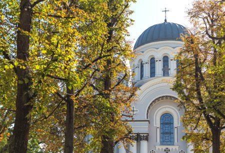 Téléchargez les photos : Kaunas, Lituanie 16 AOÛT 2023. L'église de Saint Michel l'Archange, vue à travers les arbres - en image libre de droit