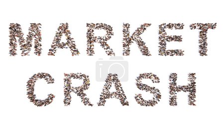 Foto de Concepto o gran comunidad conceptual de personas que forman el mensaje MARKET CRASH. 3d ejemplo metáfora de crisis financiera y de inversión, declive bursátil, quiebra y depreciación de divisas - Imagen libre de derechos