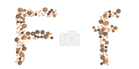 Foto de Concept or conceptual set of pastry delicious products forming the font F. 3d illustration metaphor for education, school, agriculture, traditional and rustic, organic, healthy and natural. - Imagen libre de derechos