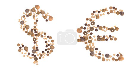 Photo for Concept or conceptual set of pastry delicious products forming the euro and euro signs.3d illustration metaphor for education, school, agriculture, traditional and rustic, organic, healthy and natural. - Royalty Free Image