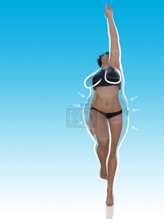 Téléchargez les photos : Fat Conceptuel en surpoids obèse femelle vs mince ajustement corps sain après la perte de poids ou l'alimentation avec contour blanc et des flèches pointues sur le bleu. Une forme physique, nutritionnelle ou obésité, forme santé Illustration 3D - en image libre de droit