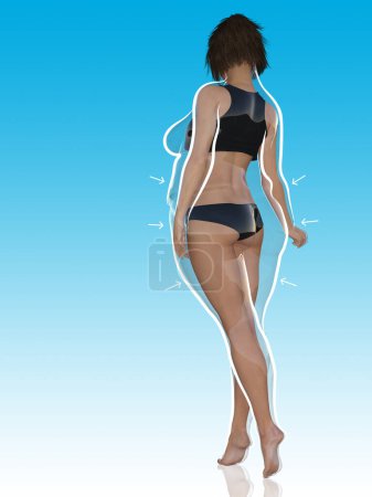 Téléchargez les photos : Fat Conceptuel en surpoids obèse femelle vs mince ajustement corps sain après la perte de poids ou l'alimentation avec contour blanc et des flèches pointues sur le bleu. Une forme physique, nutritionnelle ou obésité, forme santé Illustration 3D - en image libre de droit
